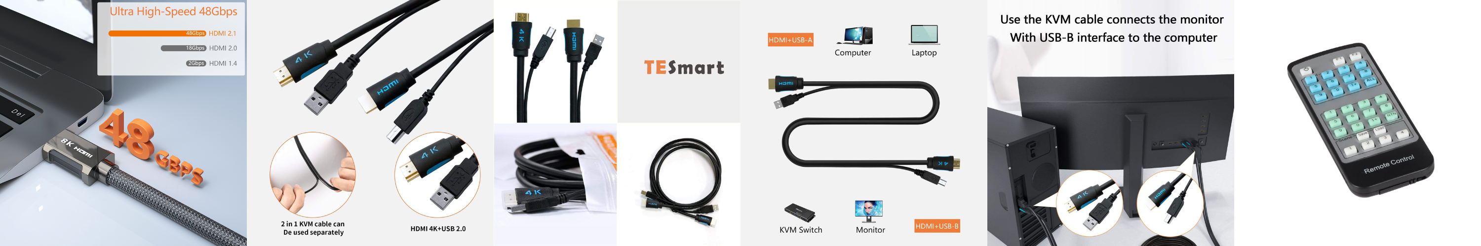 Câble KVM USB TESmart USB - A vers USB - B, câble USB + HDMI –