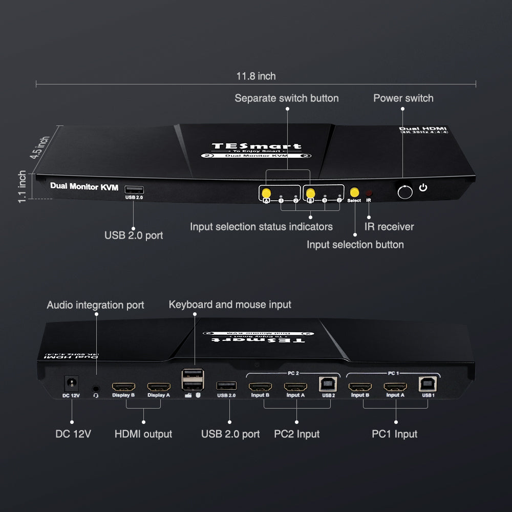 2 Port Dual Monitor KVM Switch Kit HDMI 4K30Hz with USB 2.0 Hub