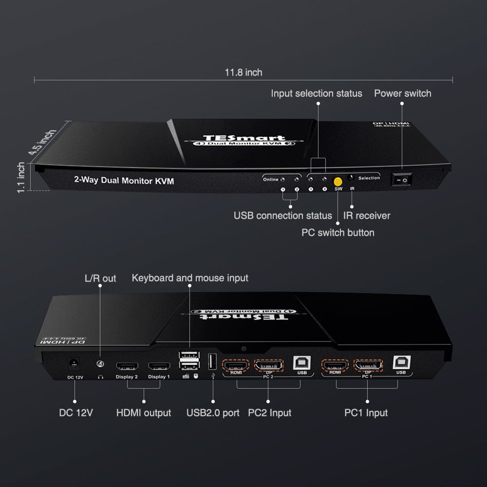 Dual monitor KVM switch 2 way HDMI2.0 DP 4K60Hz EDID TESmart