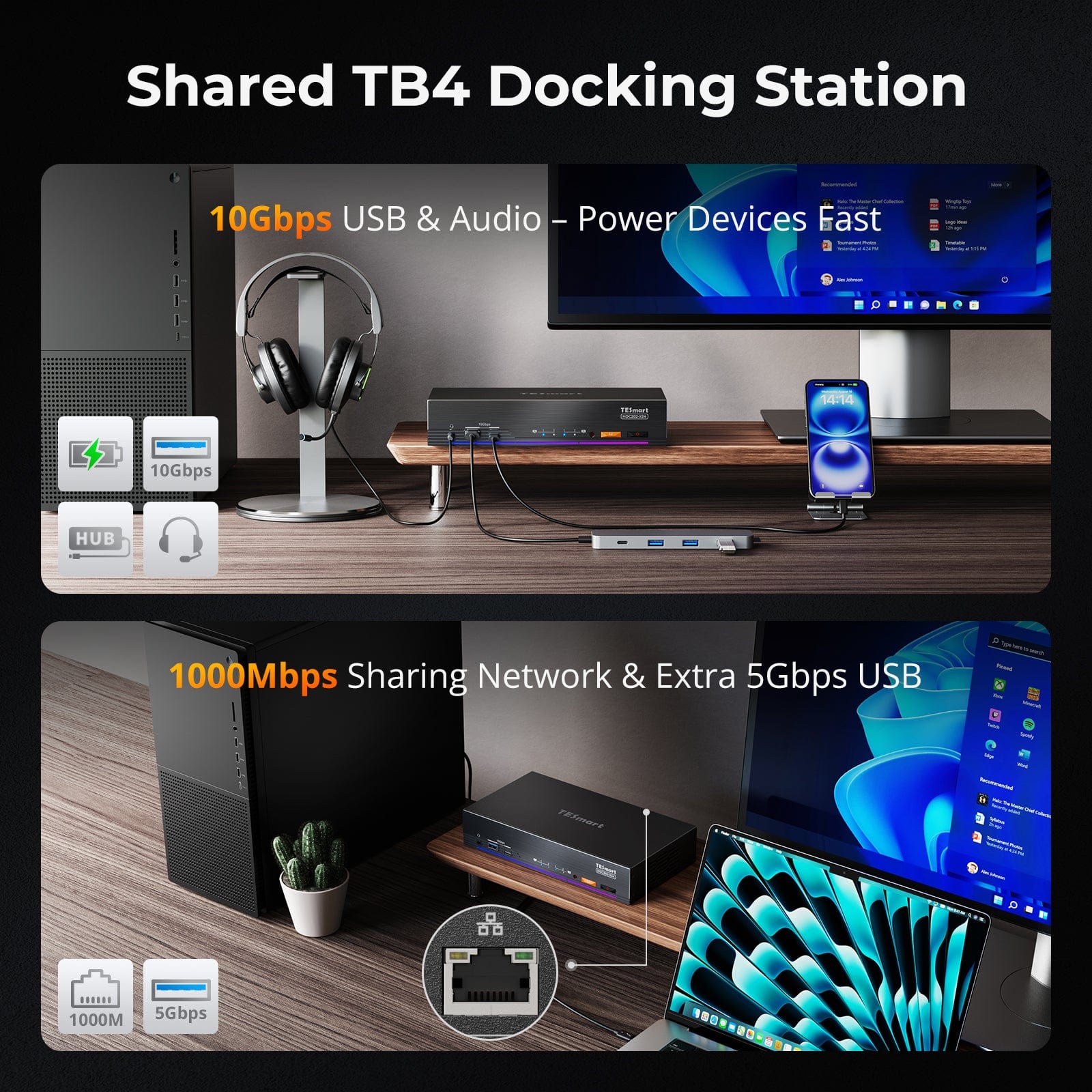 TESmart HDC202-X24-USBK Dual 4K60Hz Thunderbolt™ 4 KVM Dock for 1 Laptop &amp; 1 Desktop – EDID, Gaming &amp; Hybrid WFH 10652805090785 The World’s First Dual Monitor Thunderbolt™ 4 KVM – Perfect for Gaming &amp; Hybrid WFH Setups