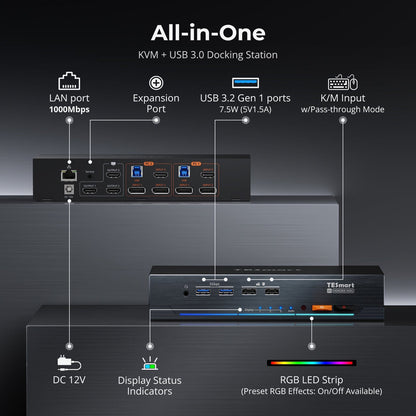 TESmart HDK203-M24-USBK HDMI 2.1 &amp; DP 1.4 Triple 4K144Hz KVM Switch Gaming Dock for 2 PCs &amp; 3 Monitors, w/ ADI Chip, EDID, VRR, FVA, ALLM, and Dynamic HDR 10652805090754 HDMI 2.1 &amp; DP 1.4 Triple 4K144Hz VRR KVM Dock for 2 PCs &amp; 3 Monitors, ADI Chip, EDID, HDR US Plug