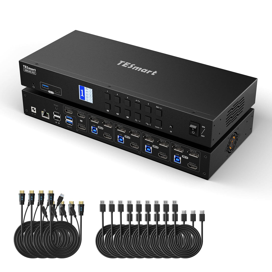 TESmart HDK403-P23-USBK HDMI 2.0 &amp; DP 1.2 Triple Monitor KVM Switch 4K60Hz with USB 3.0 Hub, Headset, Audio&amp;Microphone HDMI 2.0 &amp; DP 1.2 Triple 4K60 KVM Switch for 4 PCs &amp; 3 Monitors, USB 3.2 Gen 1, Hotkey Support, IR Remote, USB Charging