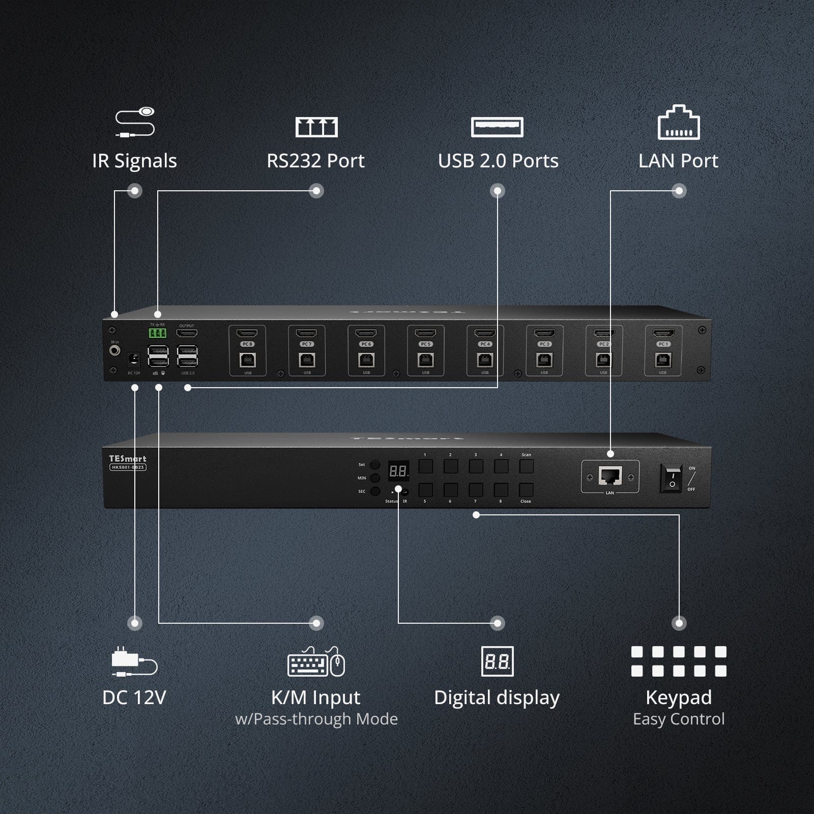 TESmart HDMI KVM Switcher 8 Port HDMI KVM Switch 4K30Hz Support RS232/LAN, Upgraded for Broader Compatibility and Stability HDMI KVM switch 8 port 4K Autoscan, Rackmount, RS232 TESmart