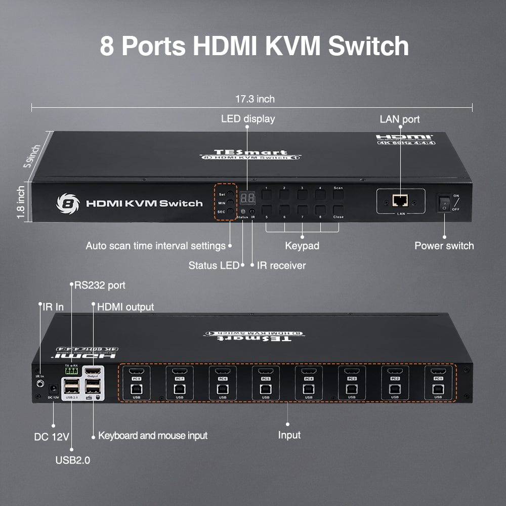 TESmart HDMI KVM Switcher 8 Port HDMI KVM Switch with 4K60Hz,RS232/LAN Control HDMI KVM switch 8 port 4K60Hz Autoscan, Rackmount, RS232 TESmart