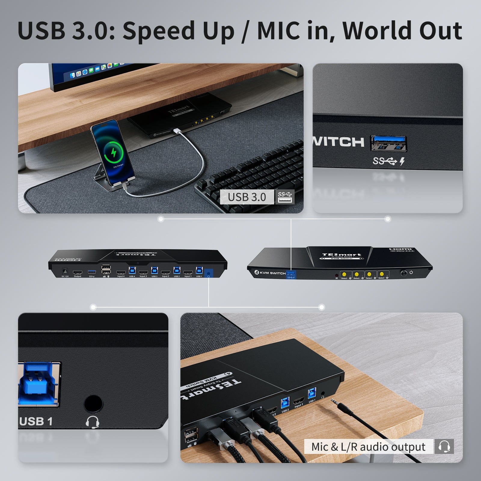 4 Port KVM Switch Kit HDMI 4K60Hz with USB 3.0 Docking Station, 4 