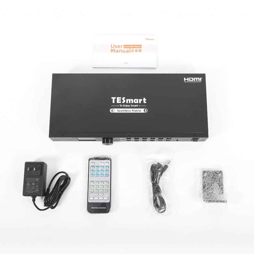 TESmart HMA404-ES23-USBK HDMI Matrix 4x4 HDMI Seamless Matrix Switch 1920x1080@60Hz w/LCD, Audio Splitting and Preview Mode 10652805090587 US Plug